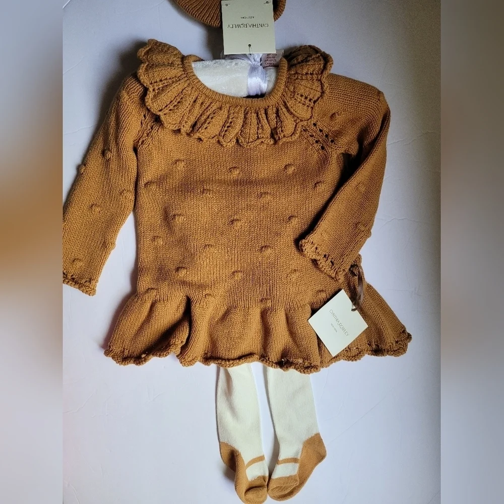 Cynthia Rowley Tan Knit Baby Dress with Tights